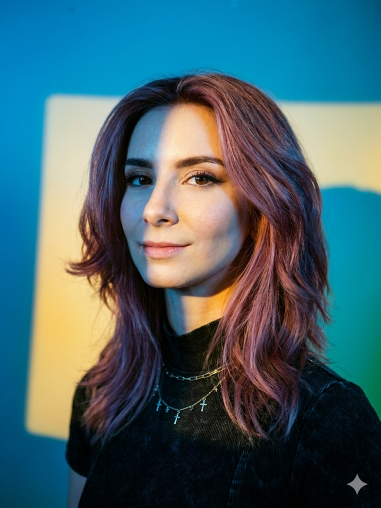 Junge Frau mit pastellrosanen Haaren lächelt dezent vor blau gelbem Hintergrund