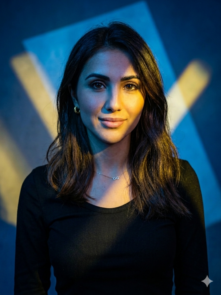 Junge Frau mit dunklen Haaren und sanftem Lächeln im gelbblauen Licht