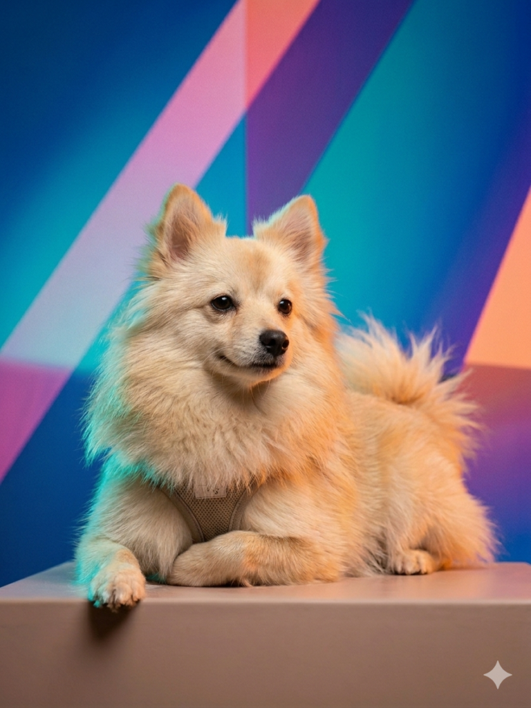 Ein cremefarbener Hund mit flauschigem Fell liegt entspannt vor buntem Hintergrund