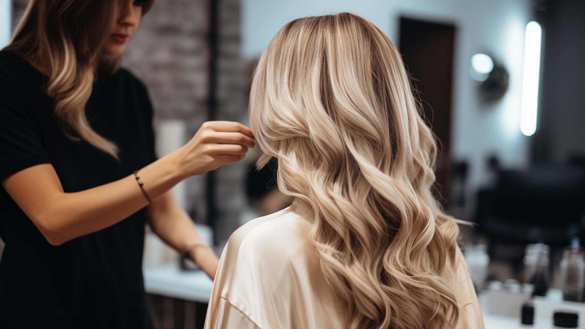 Professional hairdresser working with a client in the beauty salon. Blonde girl getting ready for work. Back view of girl with long hair